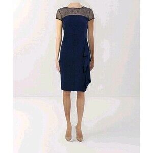 Joseph Ribkoff Sheath Beaded Dress w/Draping, Knee Length Dress Stretchy navy 4